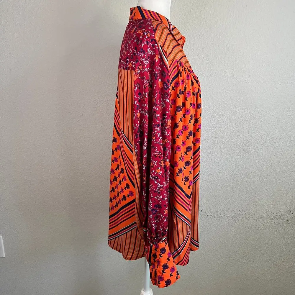 Free People Hazel Patchwork Chili Pepper Button Down Blouse Womens XL Artsy Boho